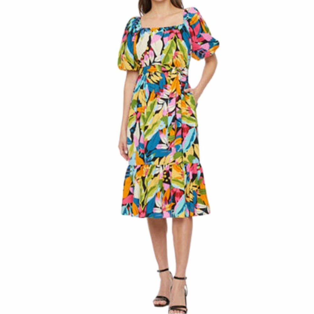 Maia Tropical Print Midi Dress Size 14W Fit + Flare Short Sleeve Belt Multicolor